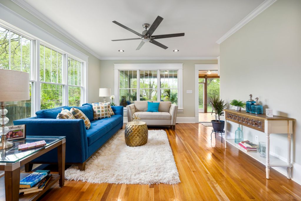 blue sofa on a spacious living room
